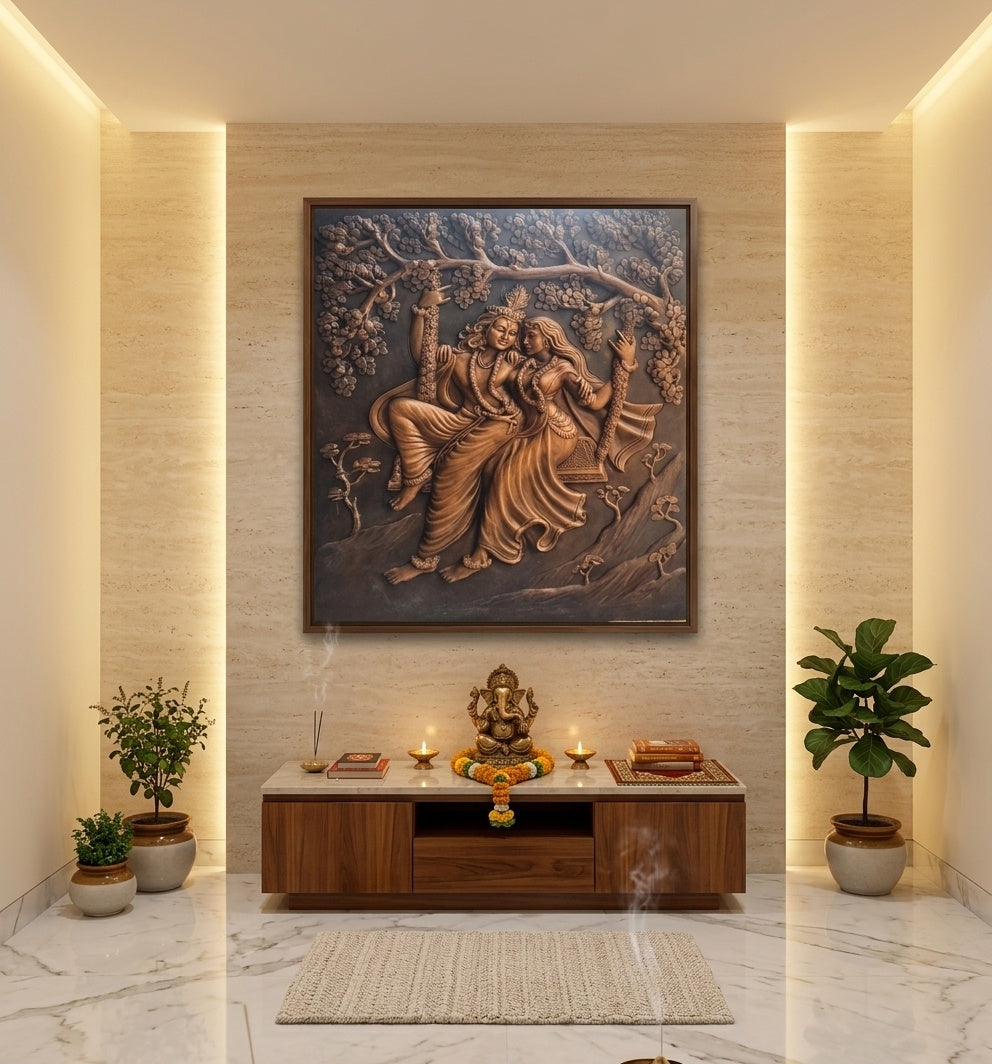 Radha Krishna on Swing (Jhoola) 3D Relief Mural Wall Art - Room Mockup 2