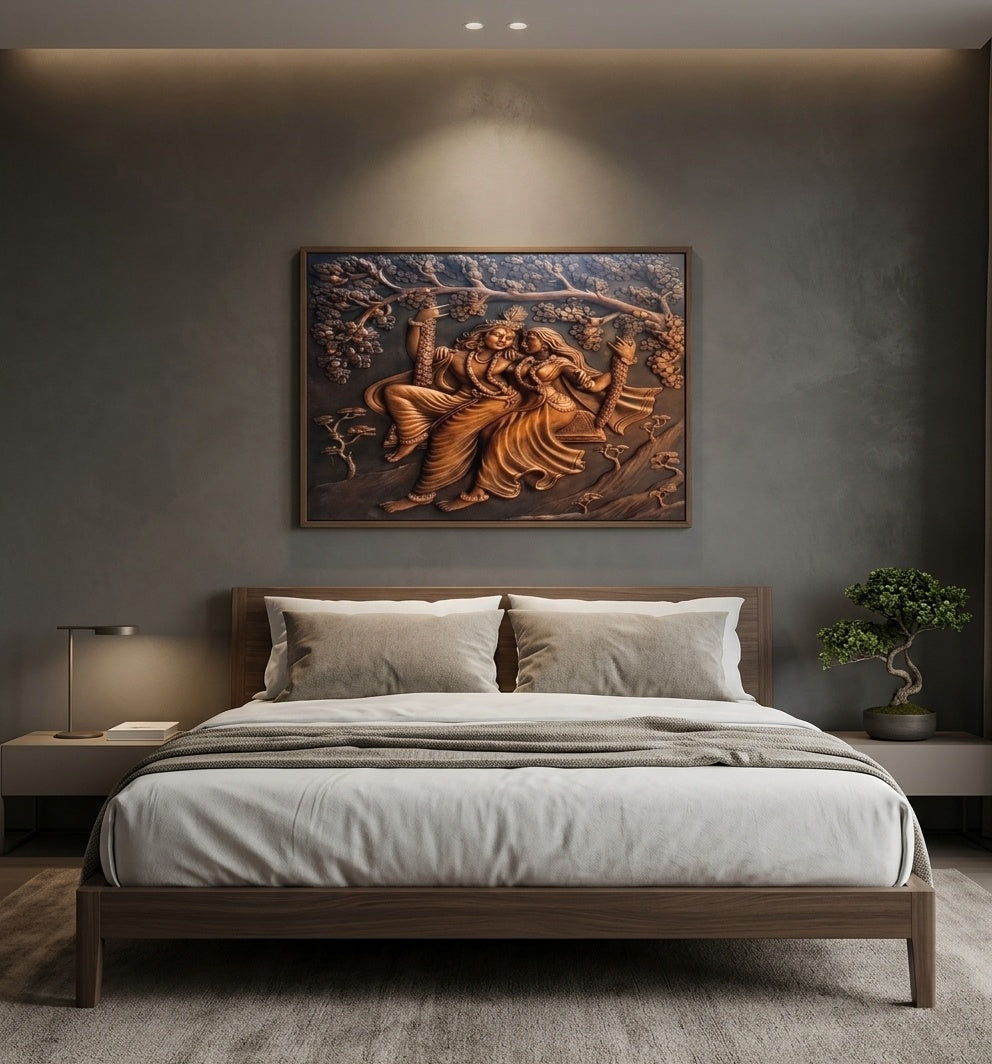 Radha Krishna on Swing (Jhoola) 3D Relief Mural Wall Art - Room Mockup 3