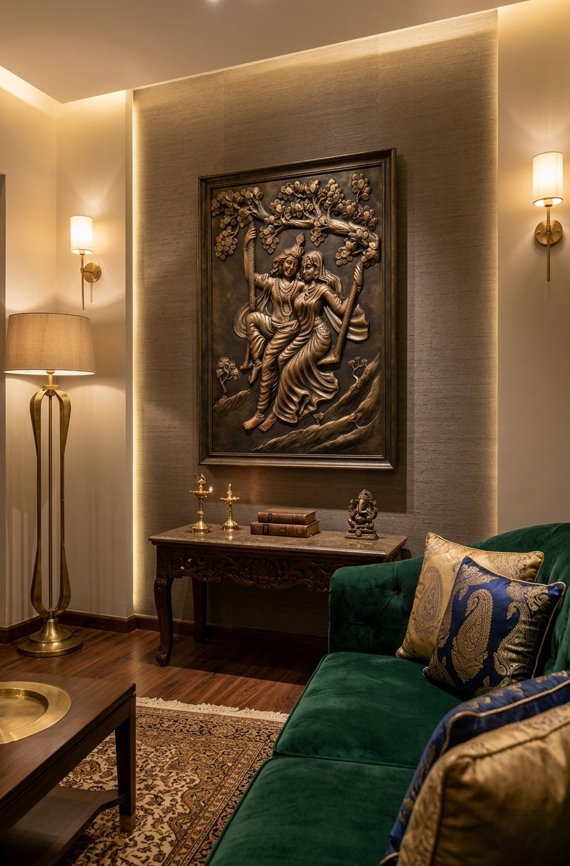 Radha Krishna Jhula 3D Relief Sculpture Panel - Room Mockup 1