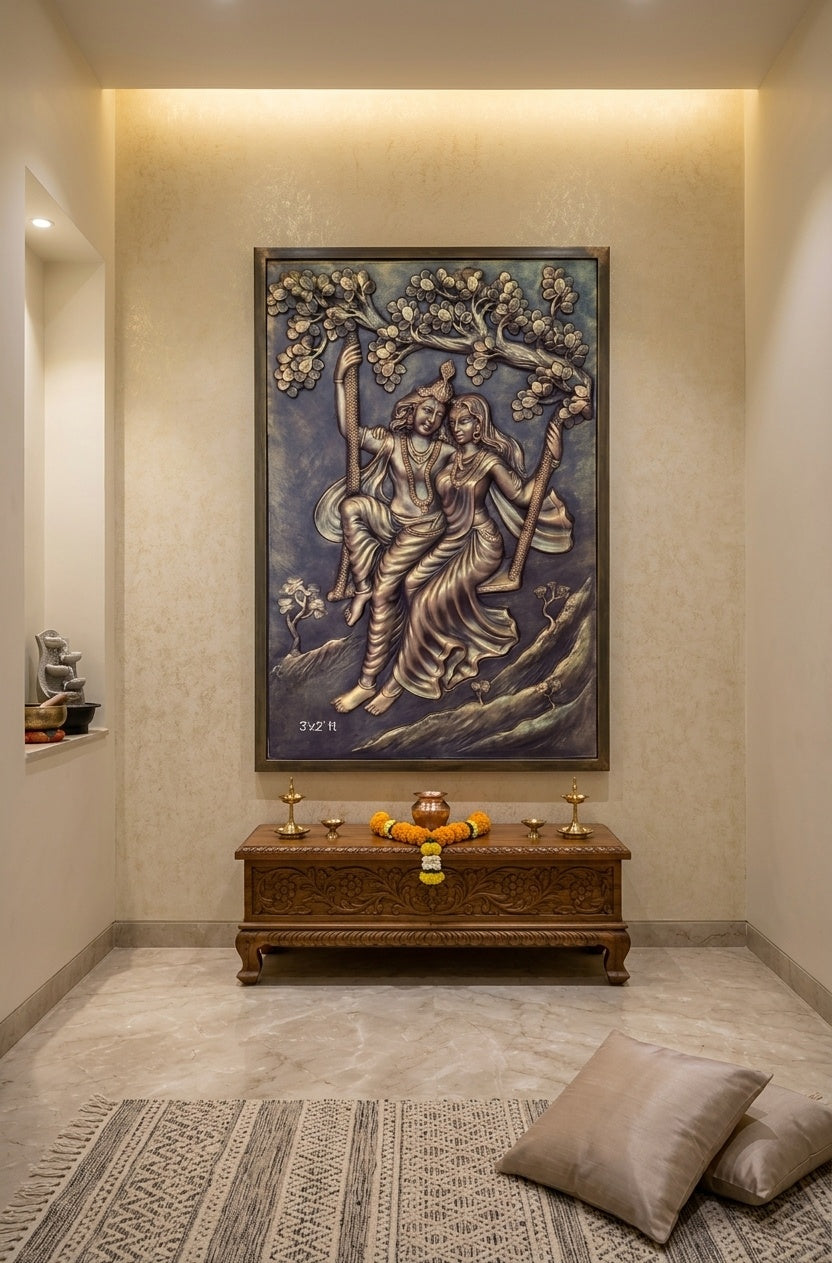 Radha Krishna Jhula 3D Relief Sculpture Panel - Room Mockup 2