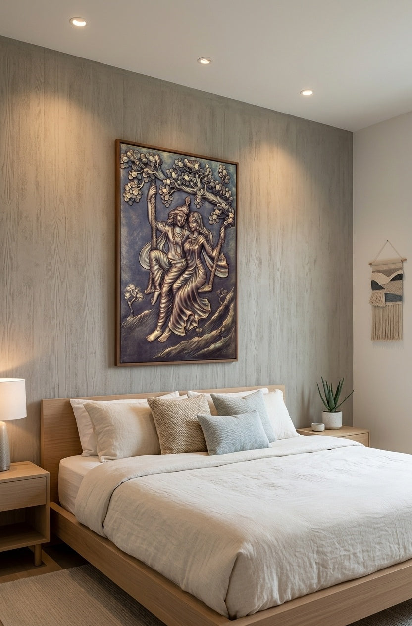 Radha Krishna Jhula 3D Relief Sculpture Panel - Room Mockup 3