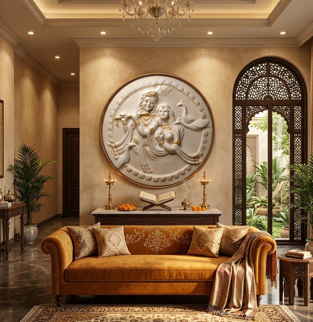 Radha Krishna 3D Relief Round Sculpture Panel - Room Mockup 1