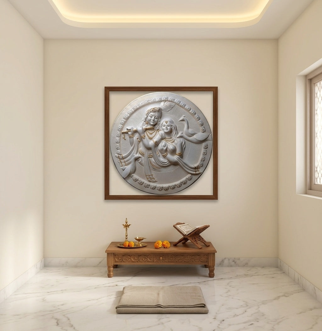 Radha Krishna 3D Relief Round Sculpture Panel - Room Mockup 2