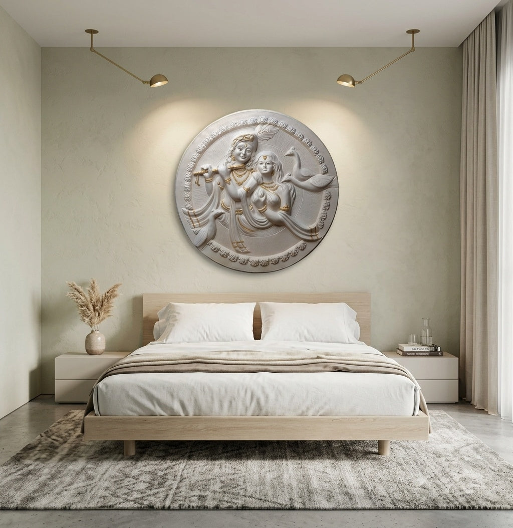 Radha Krishna 3D Relief Round Sculpture Panel - Room Mockup 3