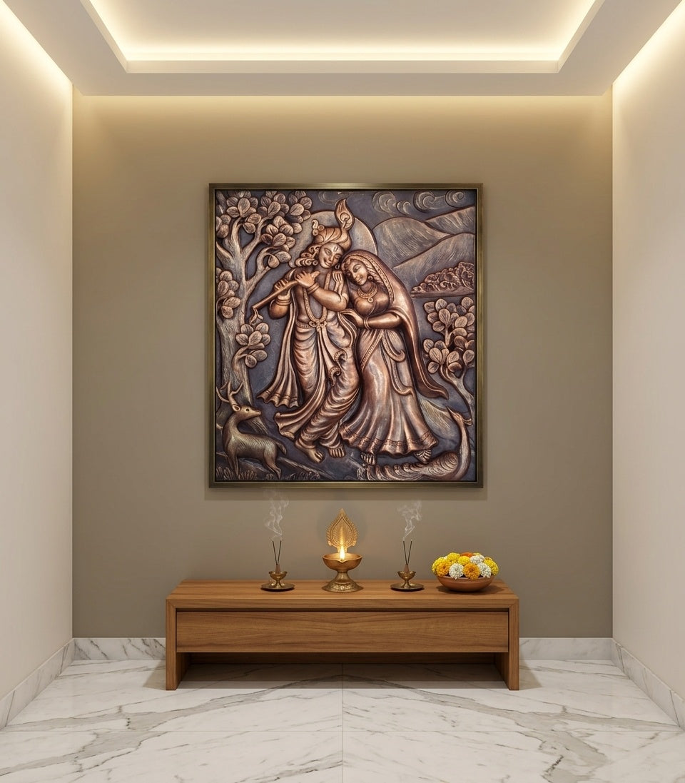 Radha Krishna Playing Flute 3D Relief Mural Panel - Room Mockup 2