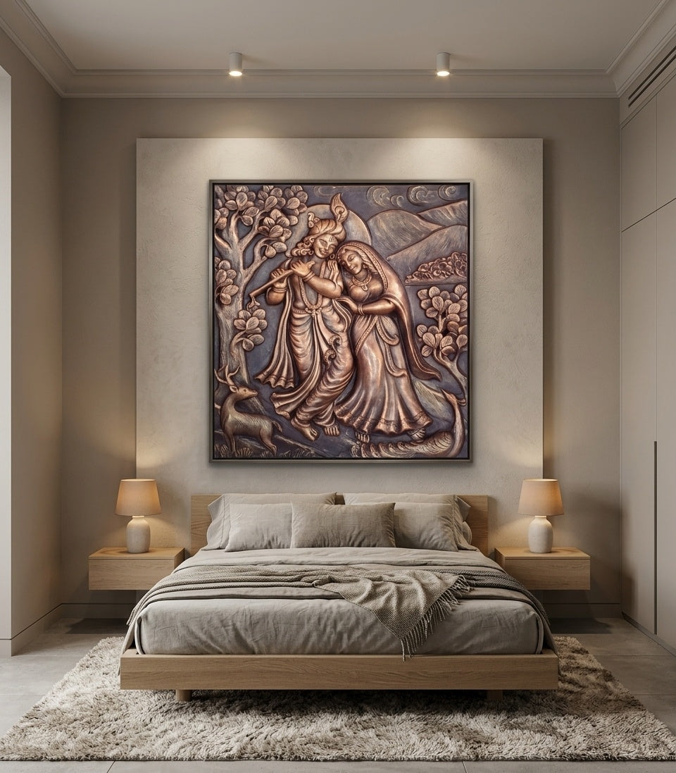 Radha Krishna Playing Flute 3D Relief Mural Panel - Room Mockup 3