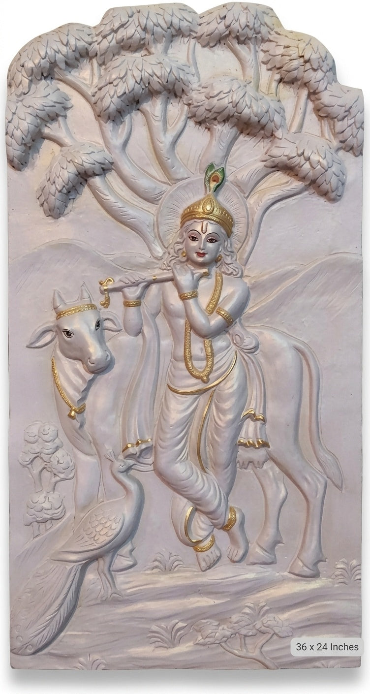 Divine Krishna with Cow & Peacock 3D Relief Mural - Studio Detail