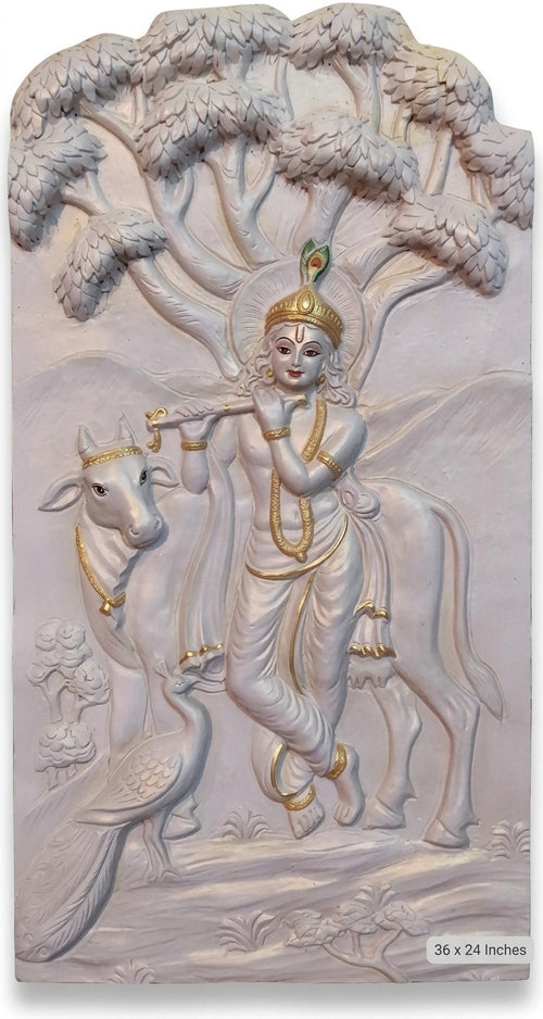 Divine Krishna with Cow & Peacock 3D Relief Mural - Studio Detail