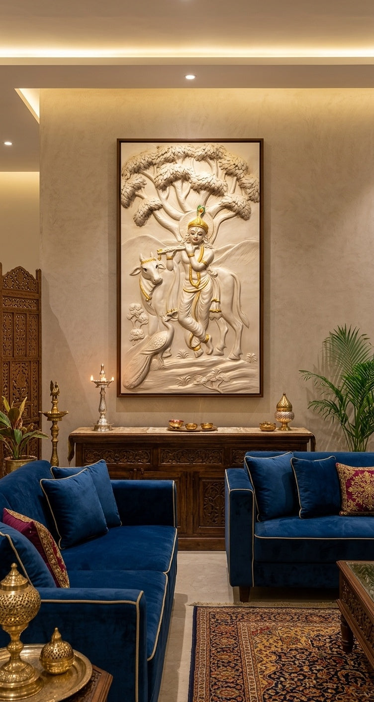 Divine Krishna with Cow & Peacock 3D Relief Mural - Room Mockup 1