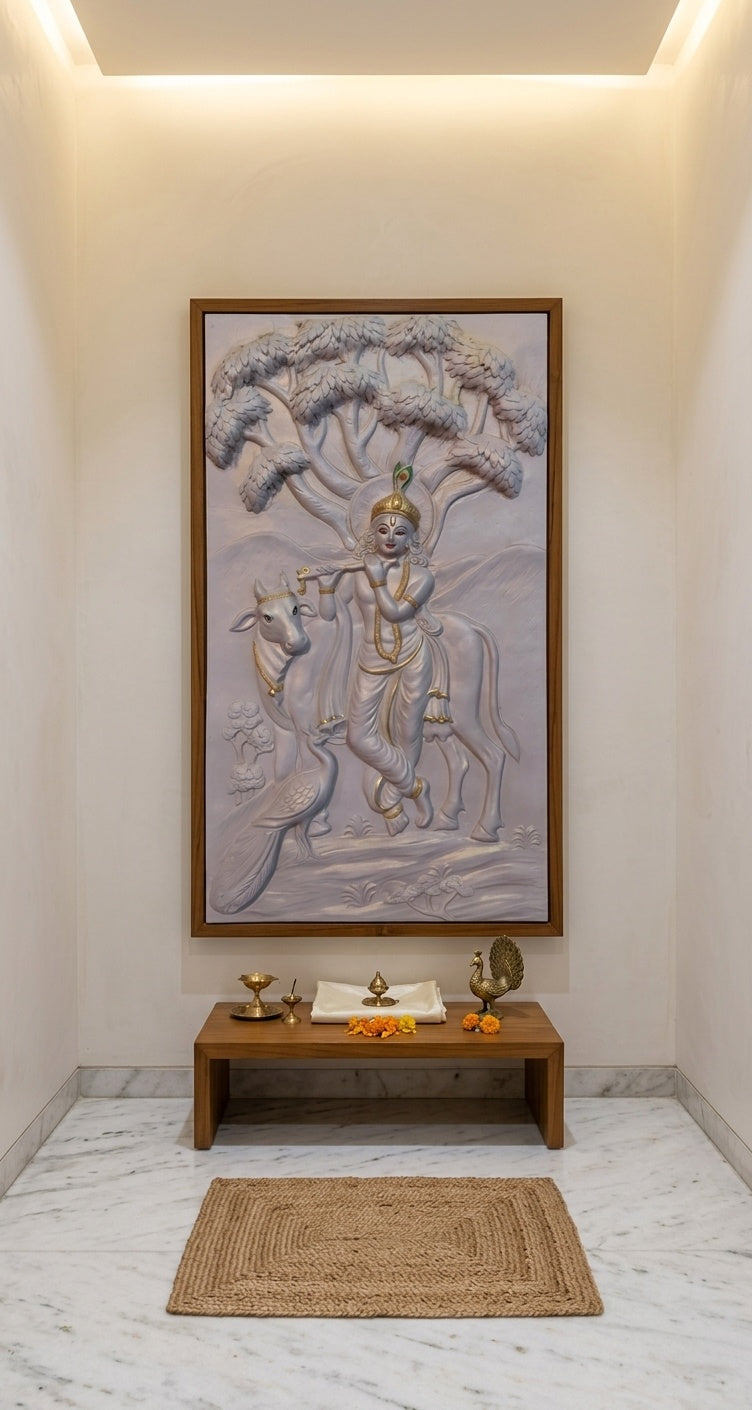 Divine Krishna with Cow & Peacock 3D Relief Mural - Room Mockup 2