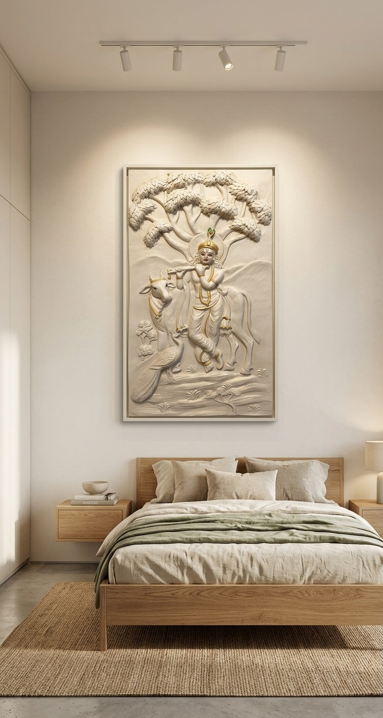 Divine Krishna with Cow & Peacock 3D Relief Mural - Room Mockup 3