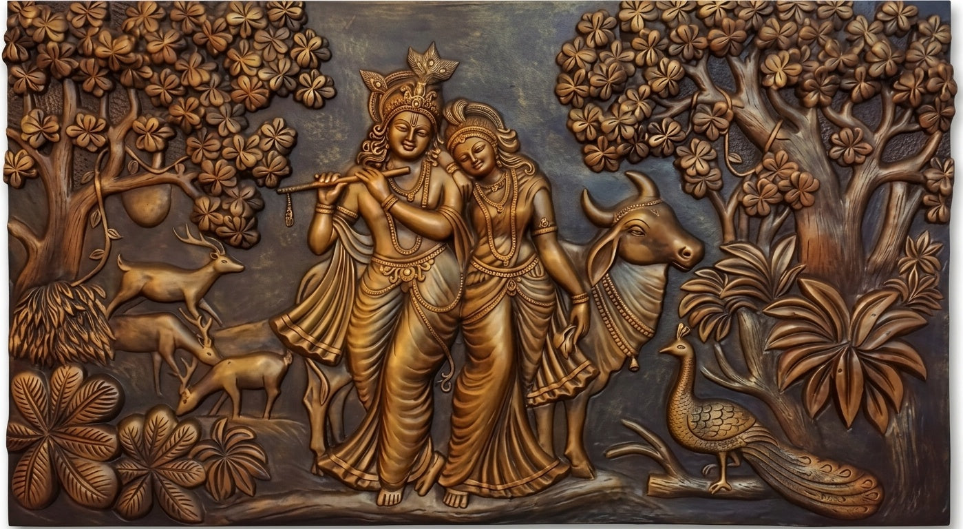Radha Krishna with Cow and Peacock 3D Relief Wall Art Mural - Studio Detail