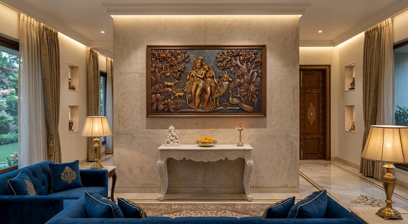 Radha Krishna with Cow and Peacock 3D Relief Wall Art Mural - Room Mockup 1