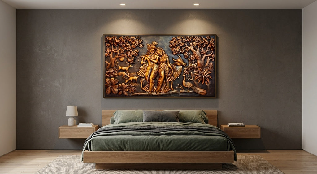 Radha Krishna with Cow and Peacock 3D Relief Wall Art Mural - Room Mockup 3