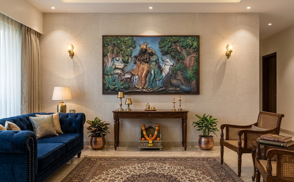 Radha Krishna Vrindavan Forest 3D Relief Wall Art Panel - Room Mockup 1
