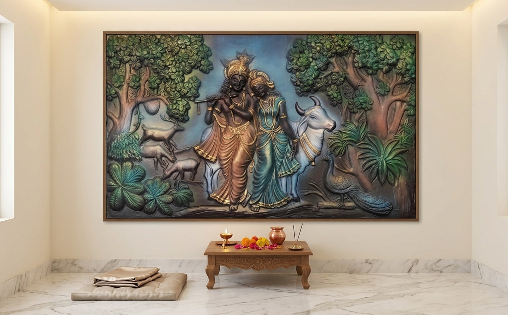 Radha Krishna Vrindavan Forest 3D Relief Wall Art Panel - Room Mockup 2