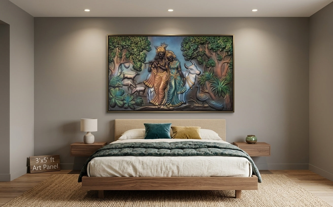 Radha Krishna Vrindavan Forest 3D Relief Wall Art Panel - Room Mockup 3