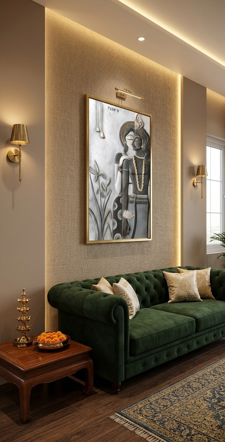 Radha Krishna Divine Love 3D Relief Sculpture Panel - Room Mockup 1