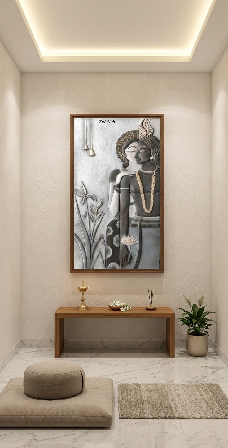 Radha Krishna Divine Love 3D Relief Sculpture Panel - Room Mockup 2