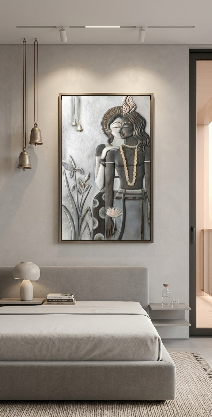Radha Krishna Divine Love 3D Relief Sculpture Panel - Room Mockup 3