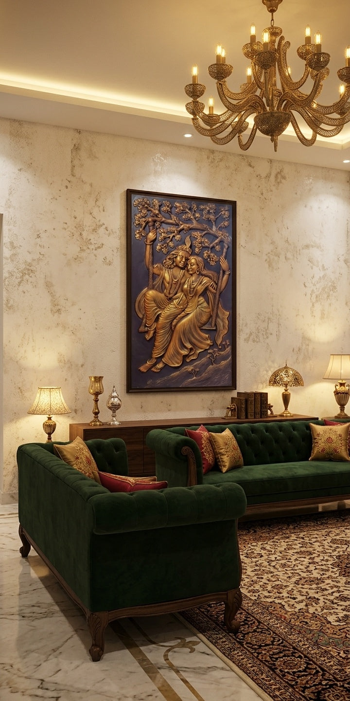 Radha Krishna Jhula 3D Relief Sculpture Wall Art Panel - Room Mockup 1