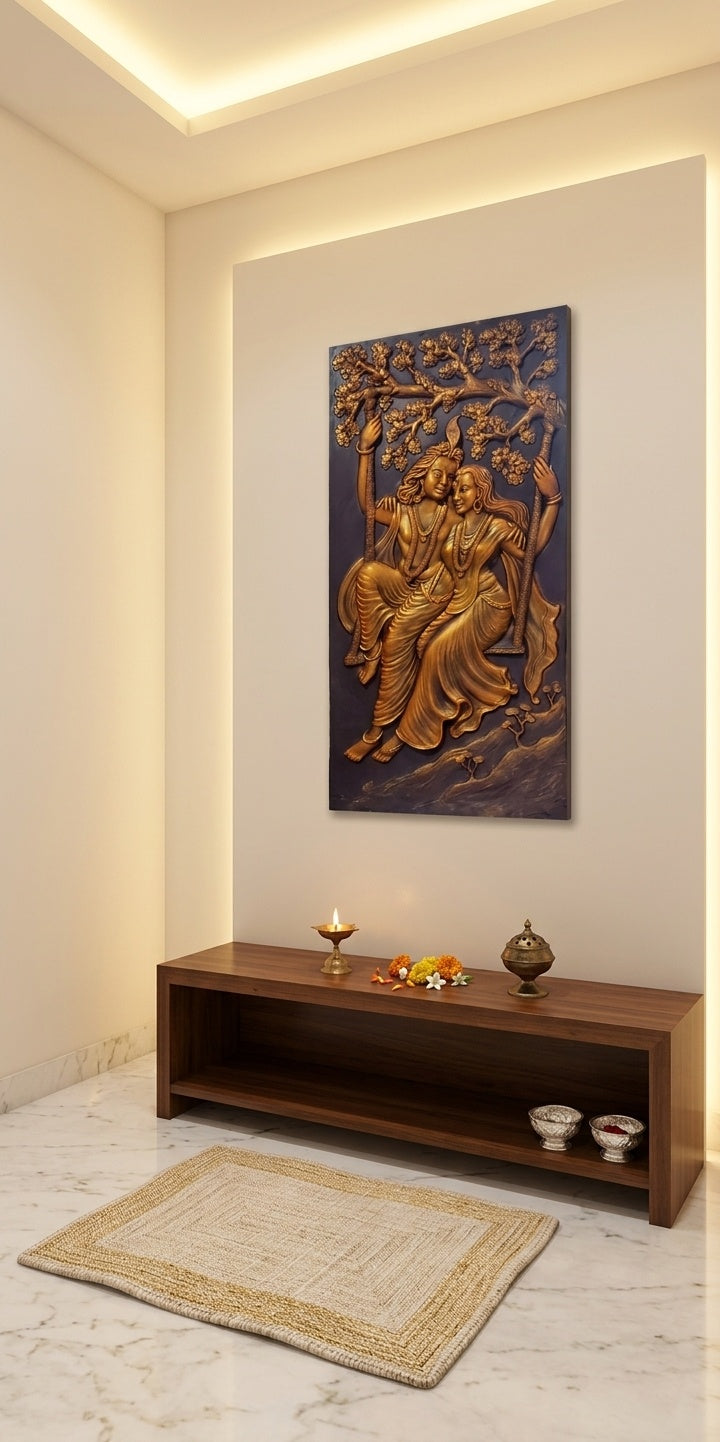 Radha Krishna Jhula 3D Relief Sculpture Wall Art Panel - Room Mockup 2