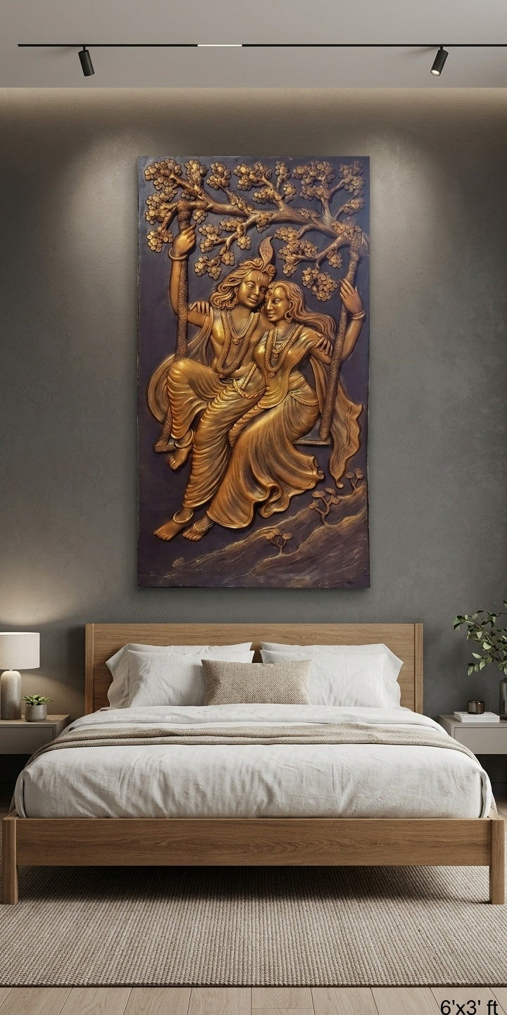 Radha Krishna Jhula 3D Relief Sculpture Wall Art Panel - Room Mockup 3