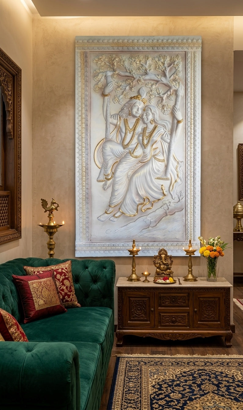 Radha Krishna on Swing 3D Relief Sculpture Panel - Room Mockup 1