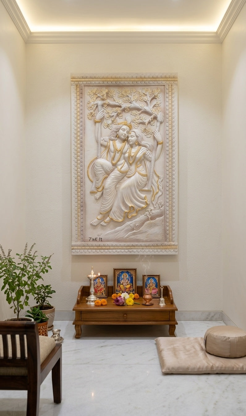 Radha Krishna on Swing 3D Relief Sculpture Panel - Room Mockup 2