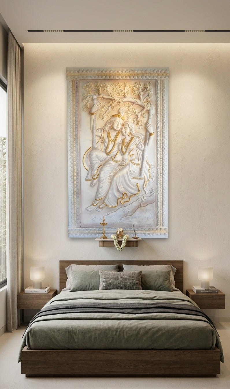 Radha Krishna on Swing 3D Relief Sculpture Panel - Room Mockup 3