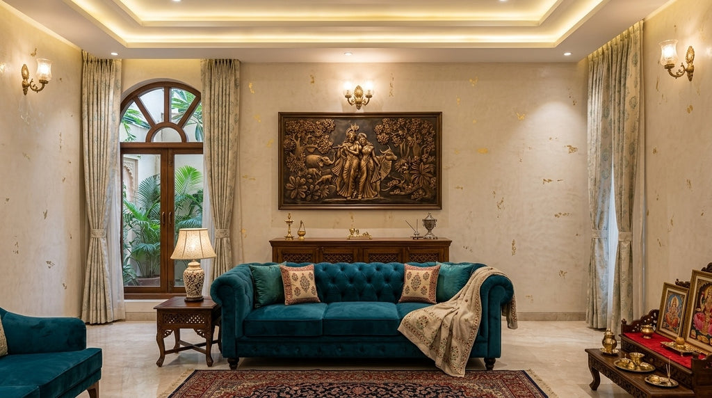 Radha Krishna in Vrindavan 3D Relief Mural Wall Art - Room Mockup 1