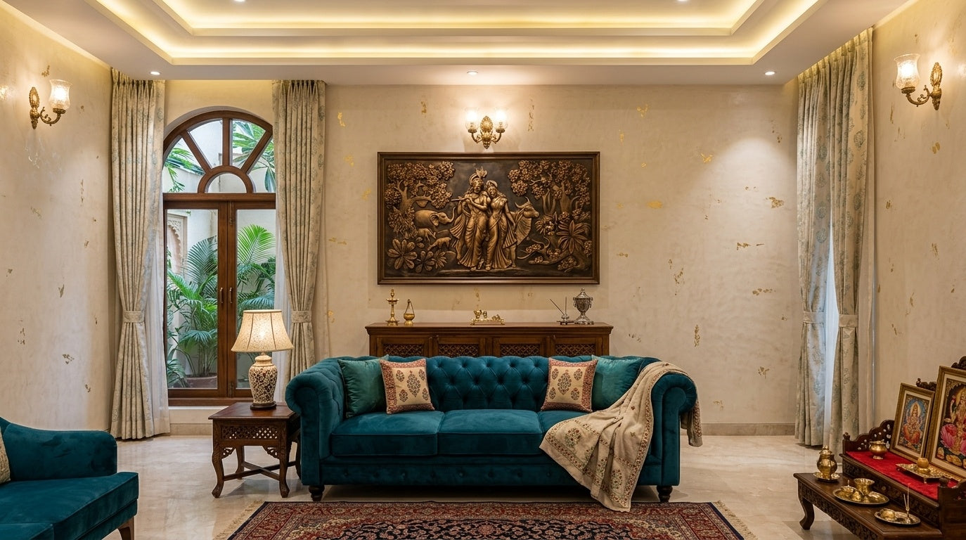 Radha Krishna in Vrindavan 3D Relief Mural Wall Art - Room Mockup 1