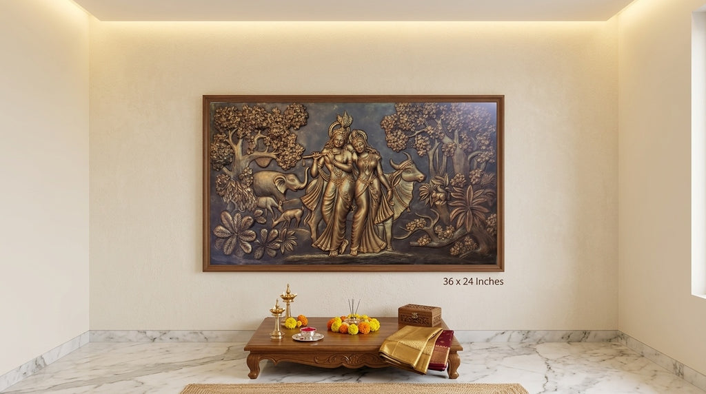 Radha Krishna in Vrindavan 3D Relief Mural Wall Art - Room Mockup 2