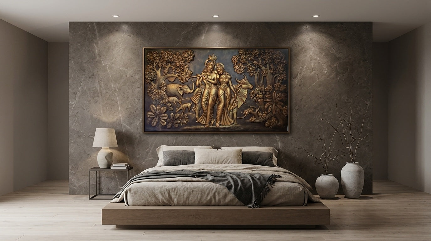 Radha Krishna in Vrindavan 3D Relief Mural Wall Art - Room Mockup 3