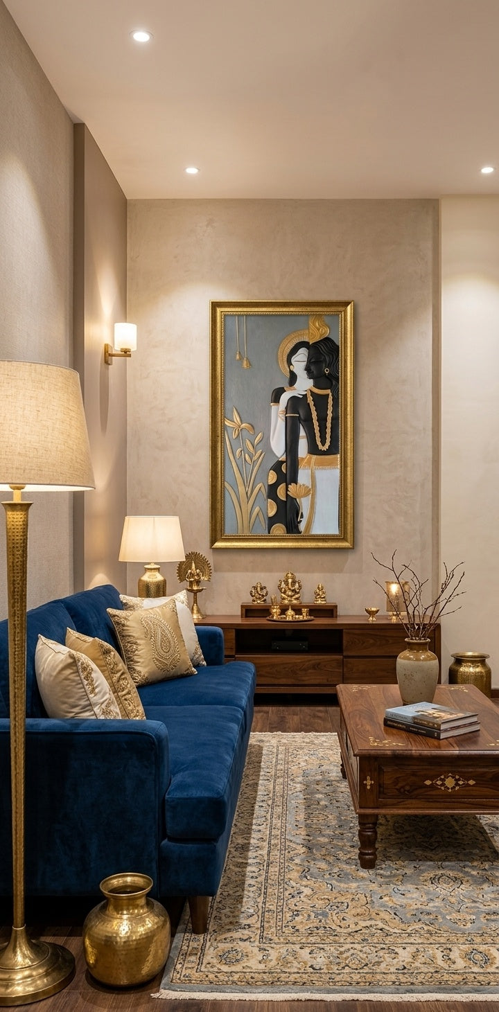 Radha Krishna Modern 3D Relief Sculpture Panel - Room Mockup 1