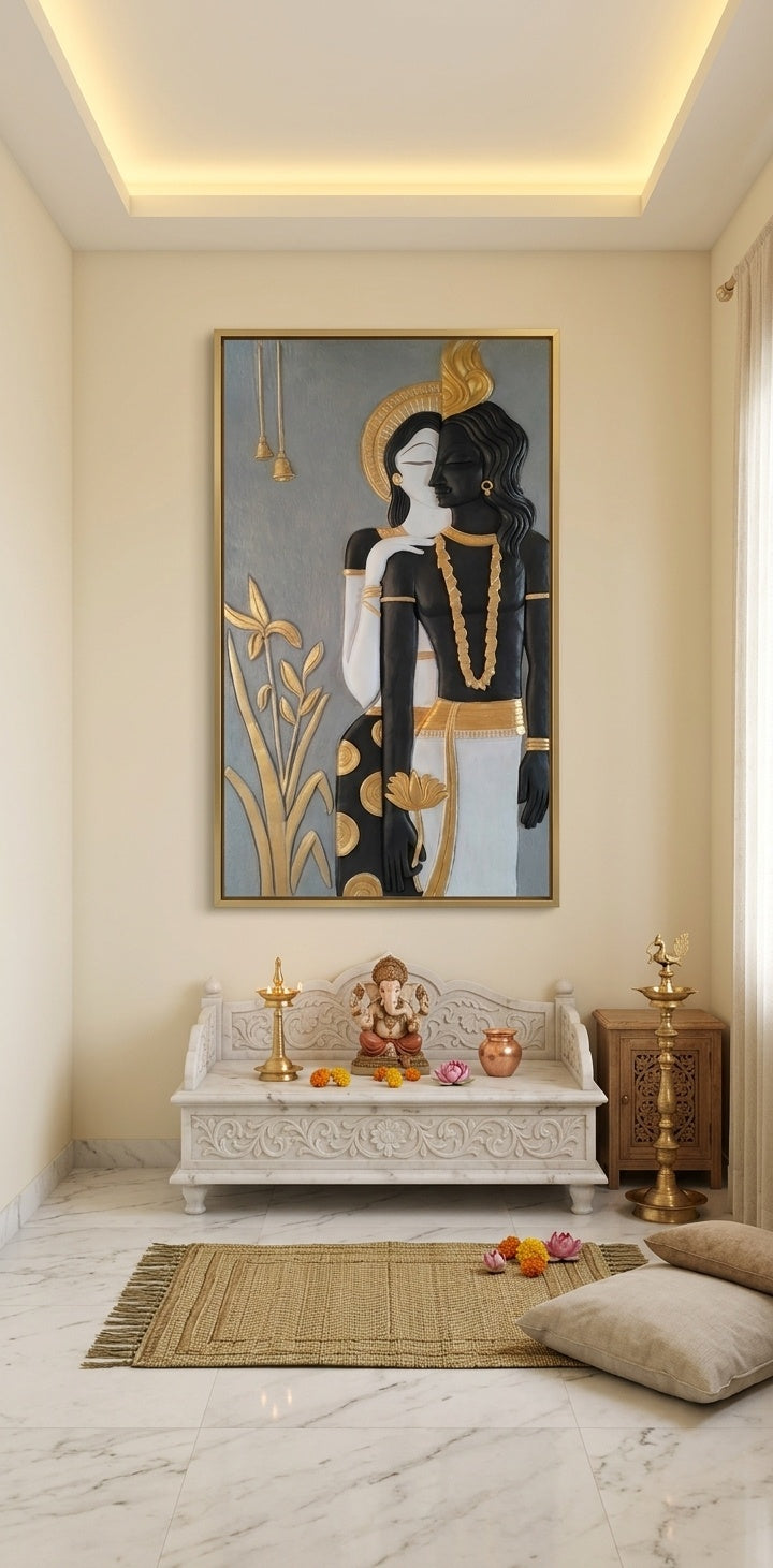 Radha Krishna Modern 3D Relief Sculpture Panel - Room Mockup 2