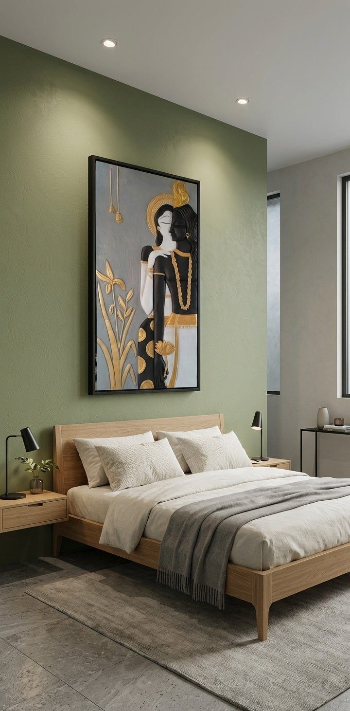 Radha Krishna Modern 3D Relief Sculpture Panel - Room Mockup 3
