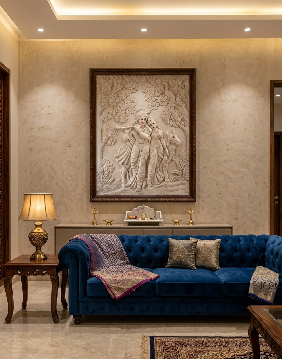 Radha Krishna with Cow 3D Relief Sculpture Mural Panel - Room Mockup 1