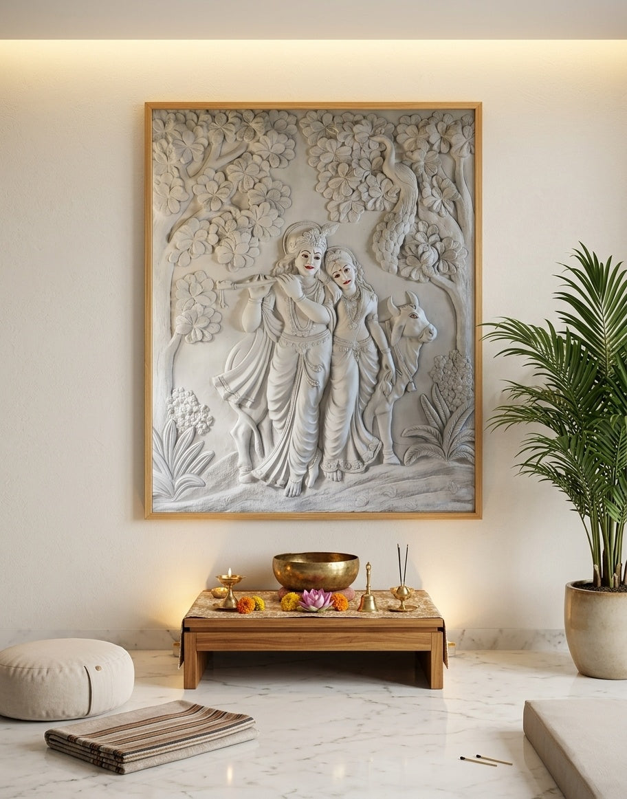 Radha Krishna with Cow 3D Relief Sculpture Mural Panel - Room Mockup 2