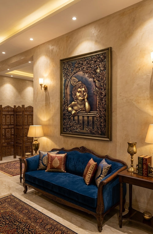 Bal Krishna 3D Relief Sculpture Mural Panel - Room Mockup 1
