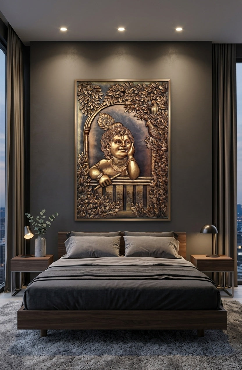 Bal Krishna 3D Relief Sculpture Mural Panel - Room Mockup 3