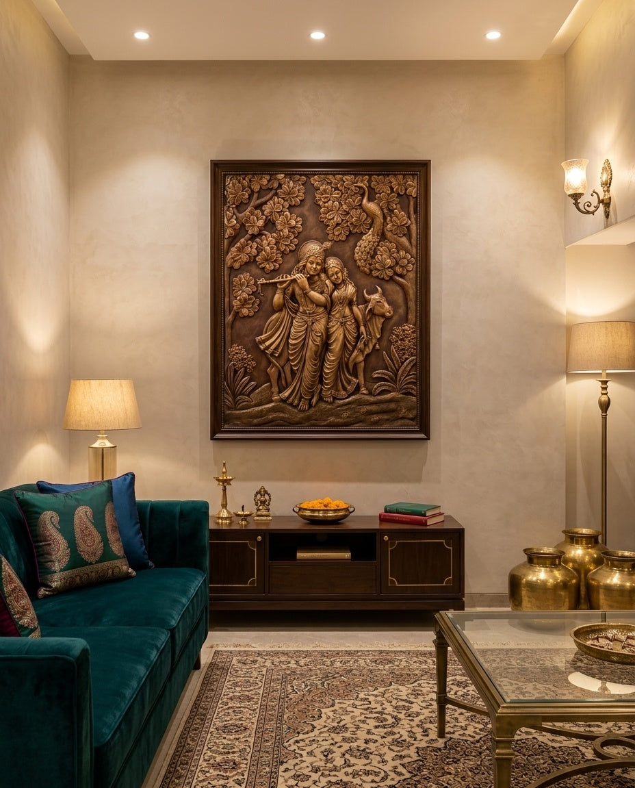 Radha Krishna with Cow 3D Relief Mural Wall Art - Room Mockup 1