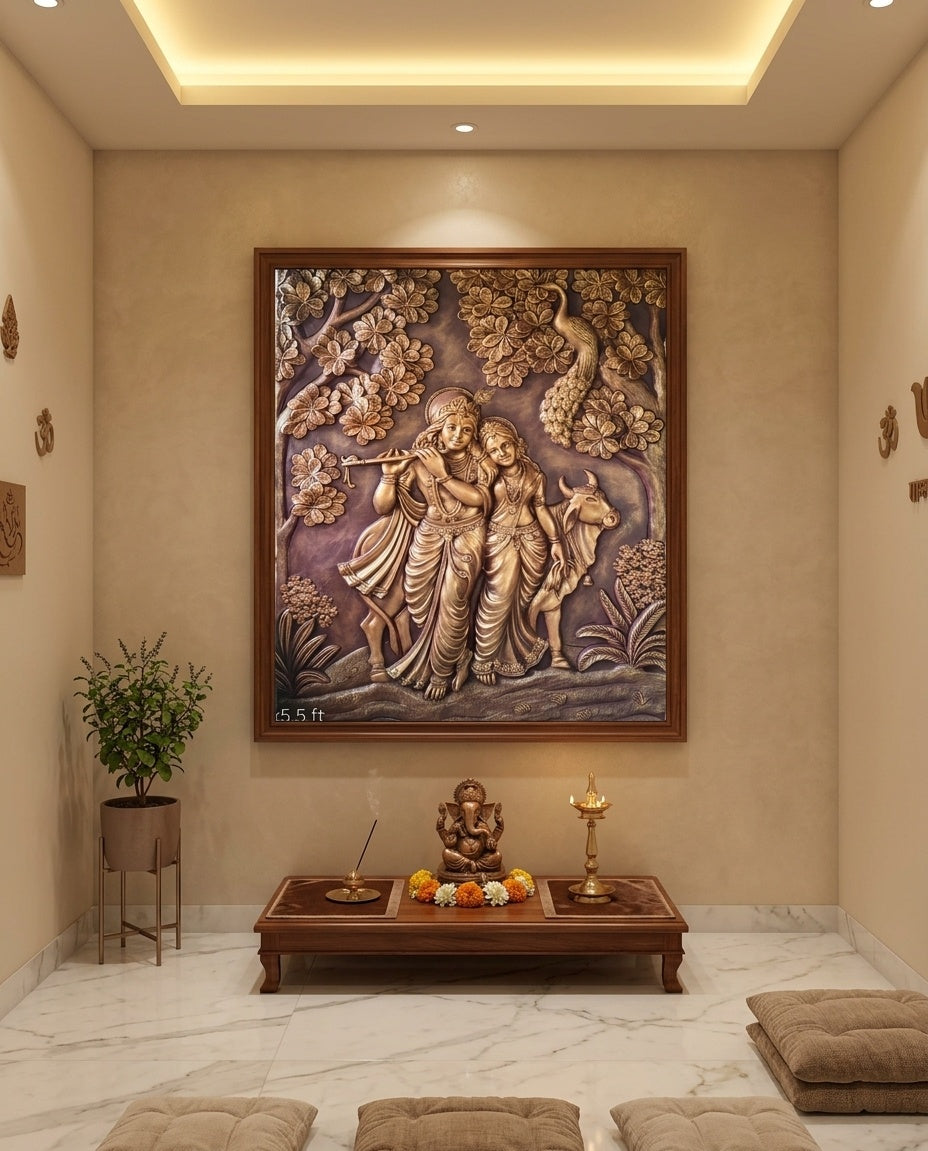 Radha Krishna with Cow 3D Relief Mural Wall Art - Room Mockup 2