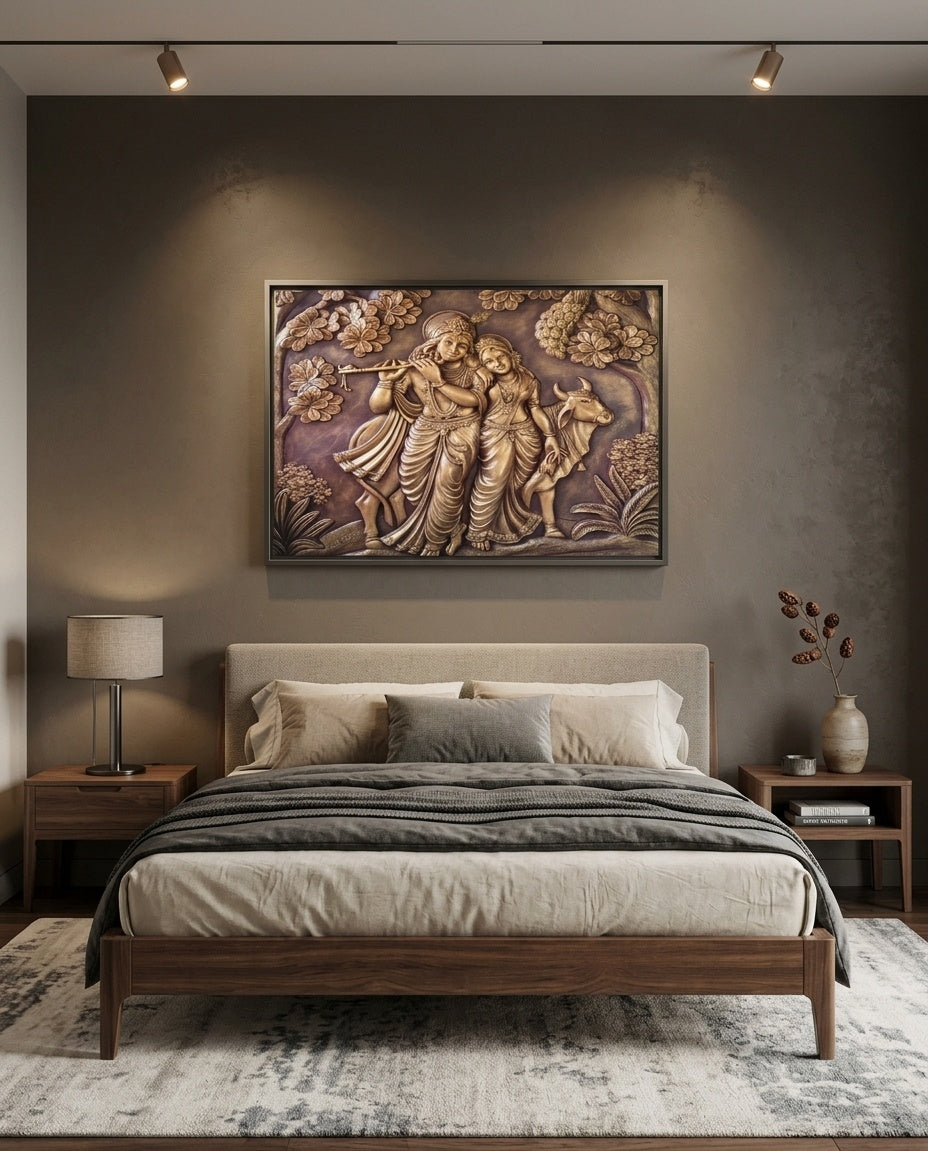 Radha Krishna with Cow 3D Relief Mural Wall Art - Room Mockup 3