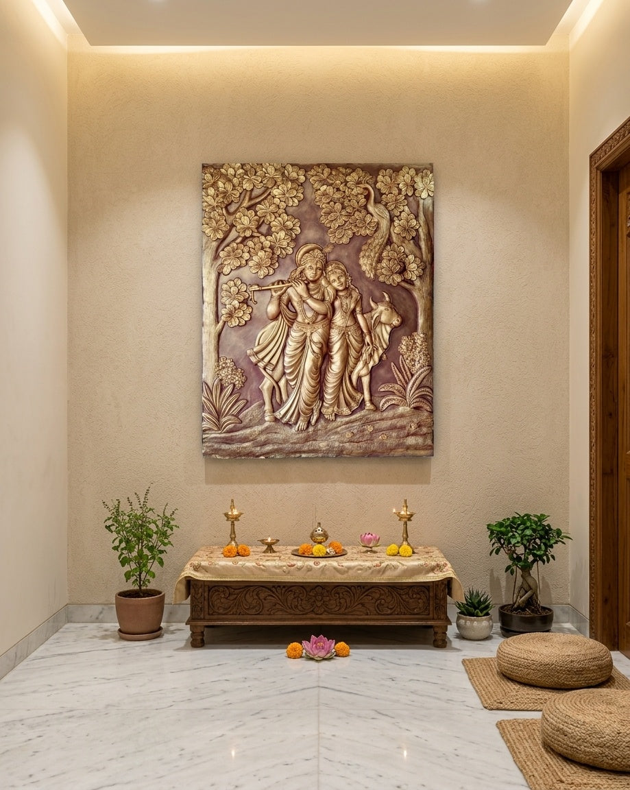 Radha Krishna with Sacred Cow 3D Relief Mural Wall Art - Room Mockup 2