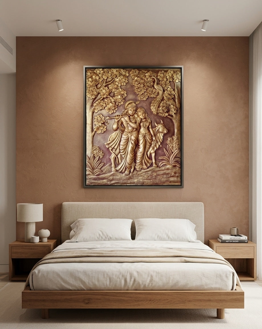 Radha Krishna with Sacred Cow 3D Relief Mural Wall Art - Room Mockup 3