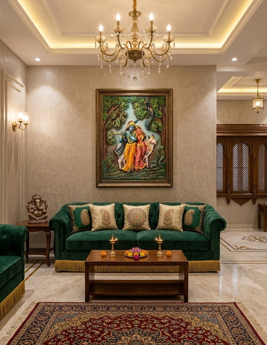 Radha Krishna with Cow 3D Relief Wall Art Mural - Room Mockup 1