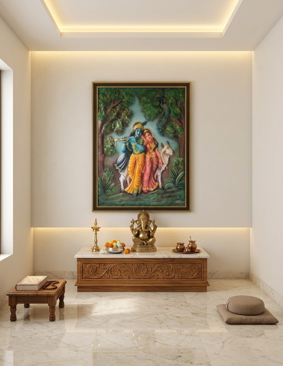 Radha Krishna with Cow 3D Relief Wall Art Mural - Room Mockup 2