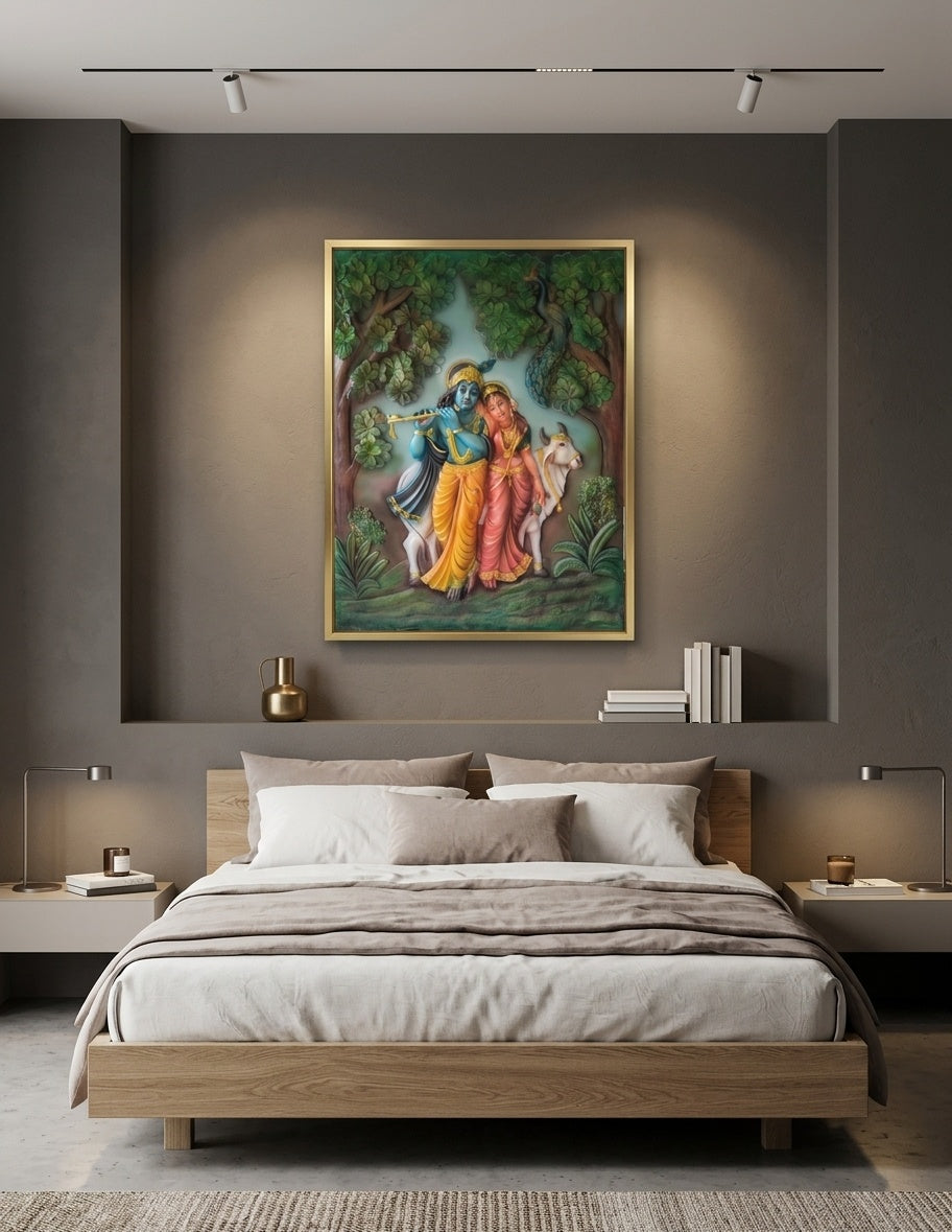 Radha Krishna with Cow 3D Relief Wall Art Mural - Room Mockup 3
