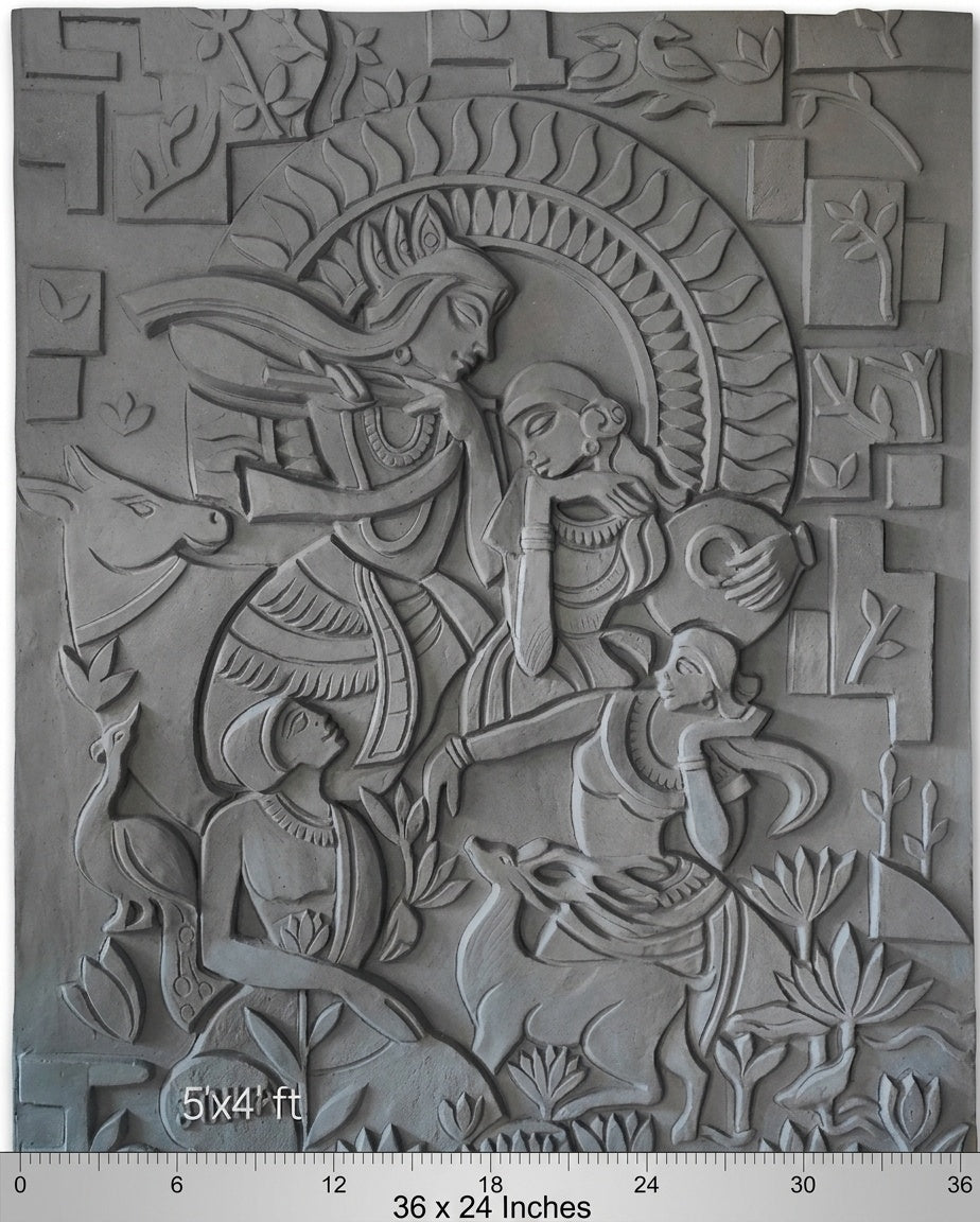 Divine Krishna and Gopis 3D Relief Mural Wall Art Panel - Studio Detail